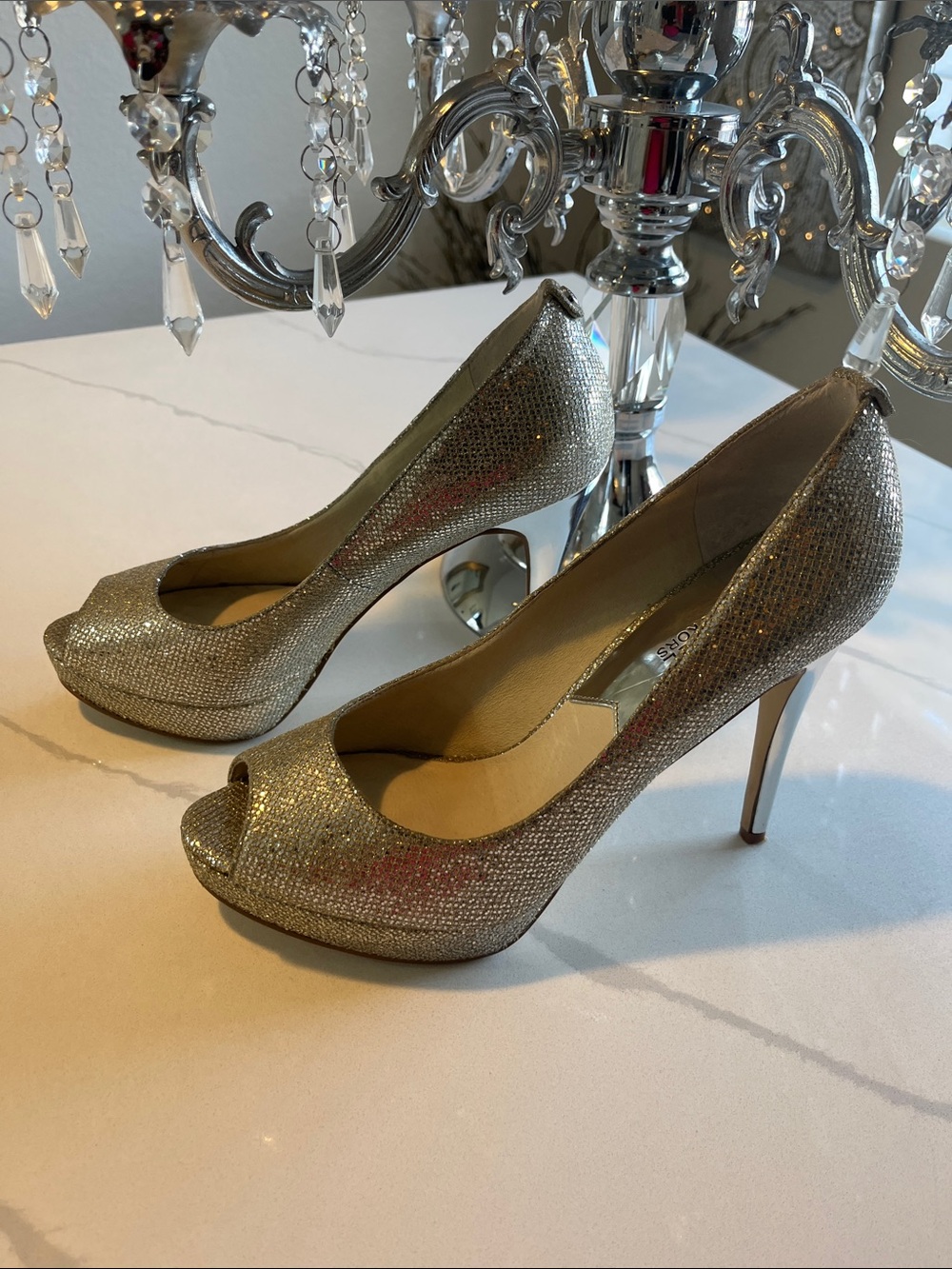 Michael Kors Gold Glitter Peep-Toe Heels